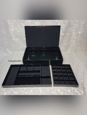 Vtg SKS Black Silver Safe Keeper Jewelry Organizer Storage Box Removable Trays